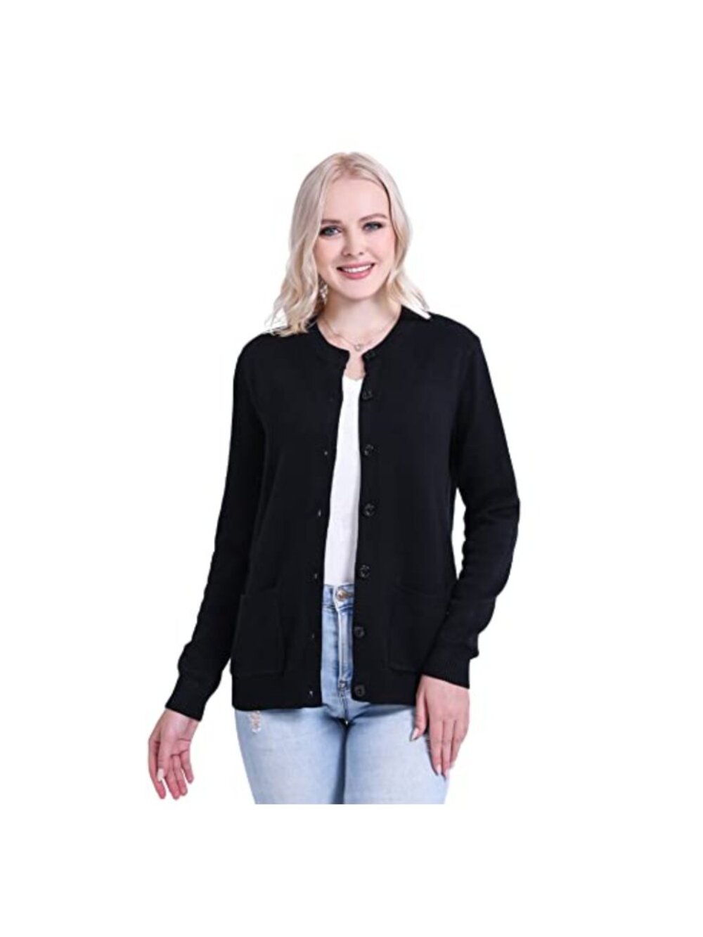 Women Thick Warm Crew Neck Button Down Cardigan Sweater with Pockets